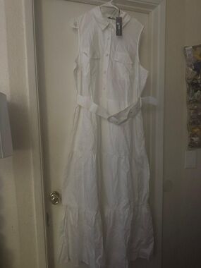 Fashion Nova Sleeveless White Tiered Maxi Dress with Belt